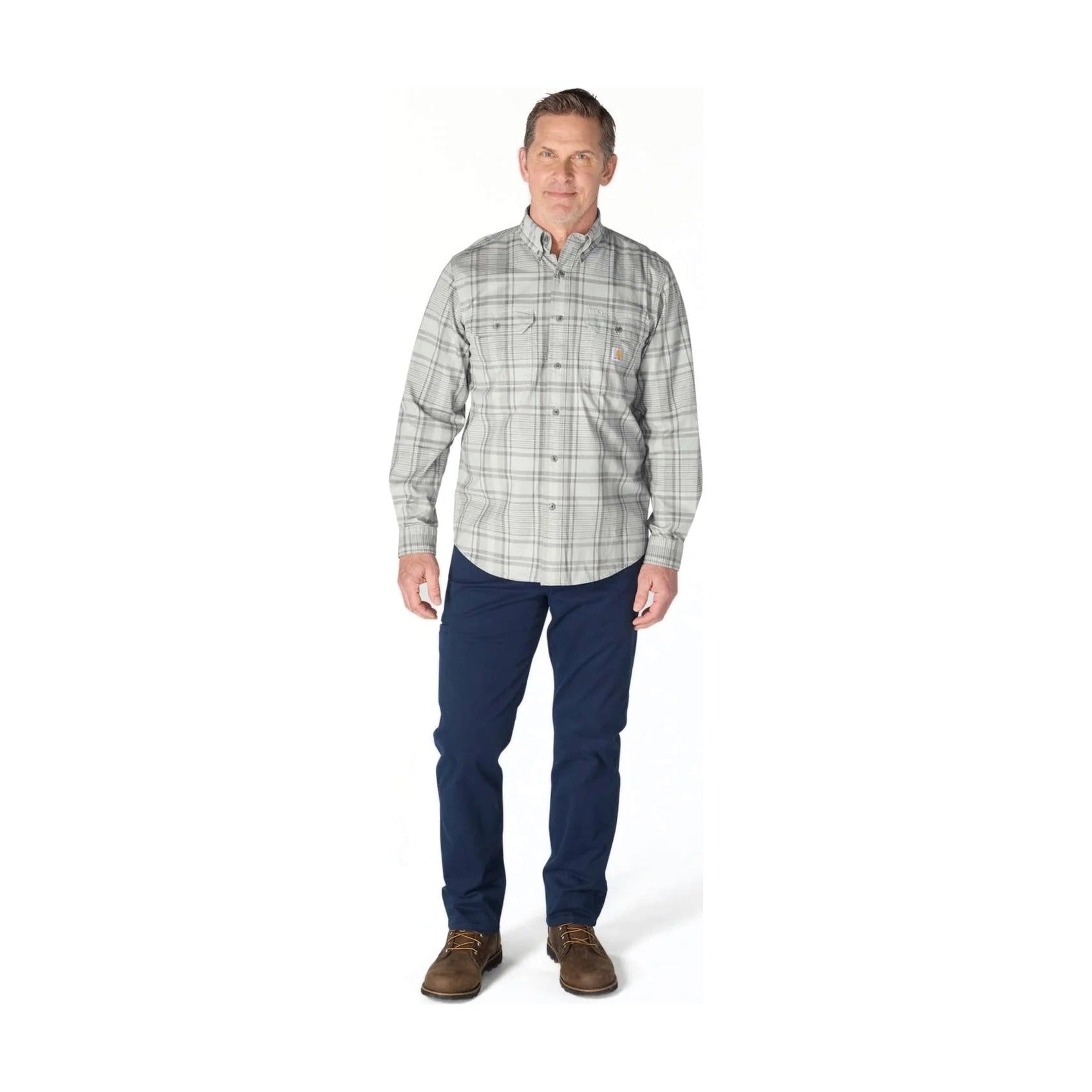 Loose Fit Midweight Chambray Long-sleeve Plaid Shirt