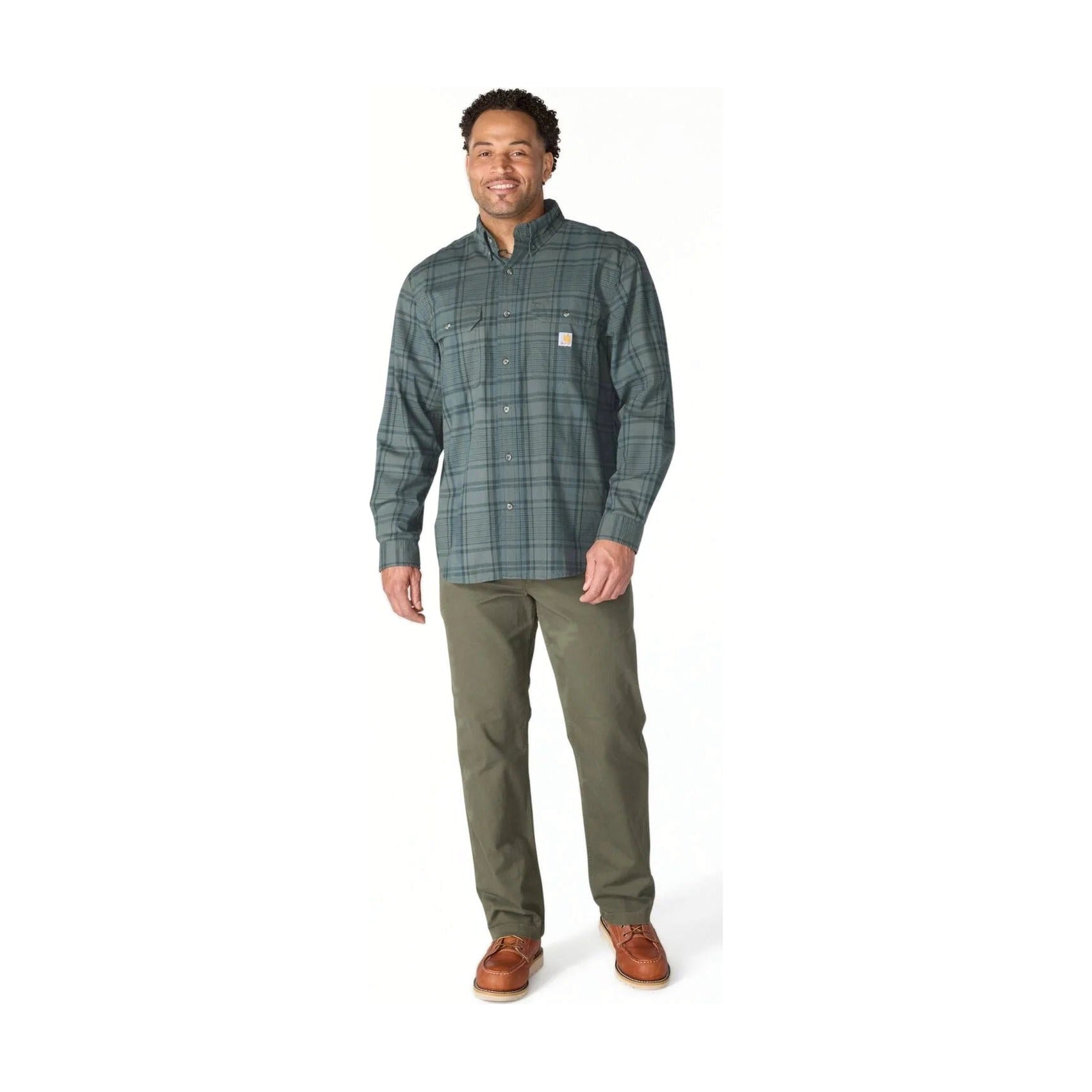 Loose Fit Midweight Chambray Long-sleeve Plaid Shirt